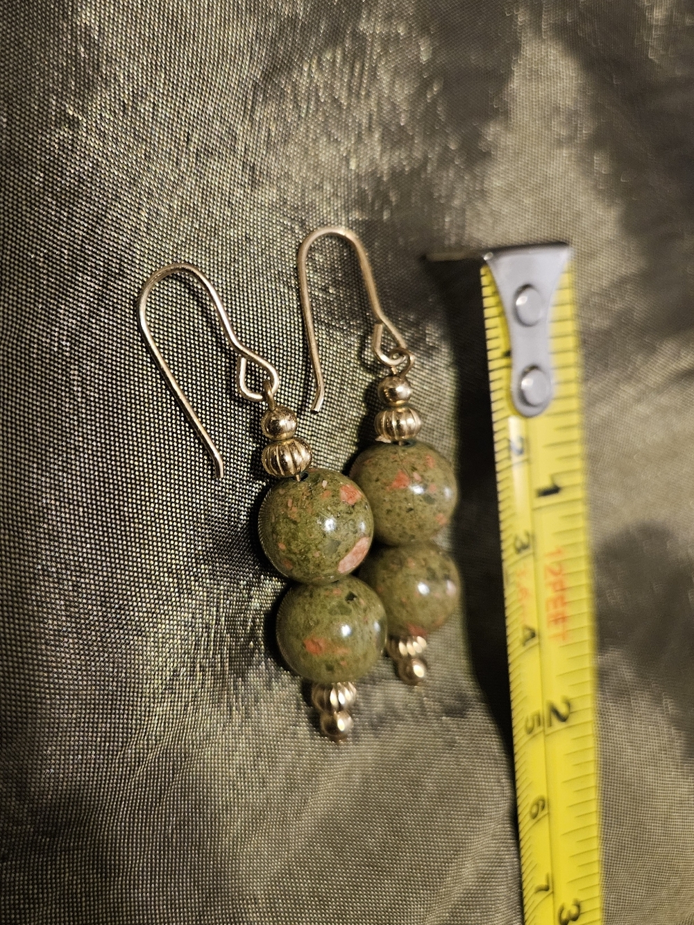 Green and Pink Unakite Stone Beads Drop Earrings - Gold Tone Accents